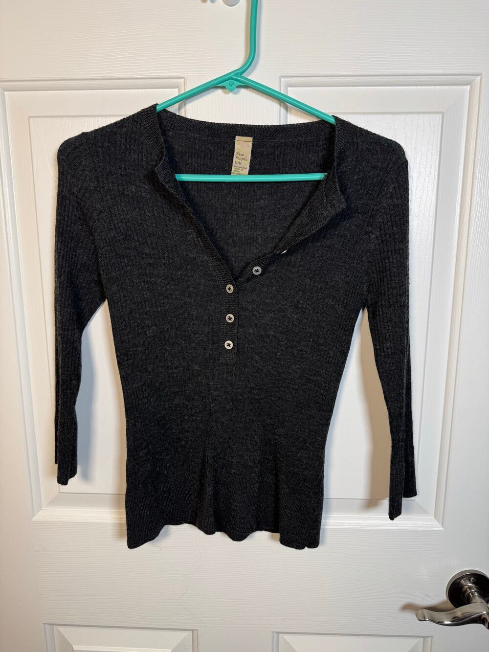 Free People Ribbed Knit Henley Wool Top Charcoal Gray M